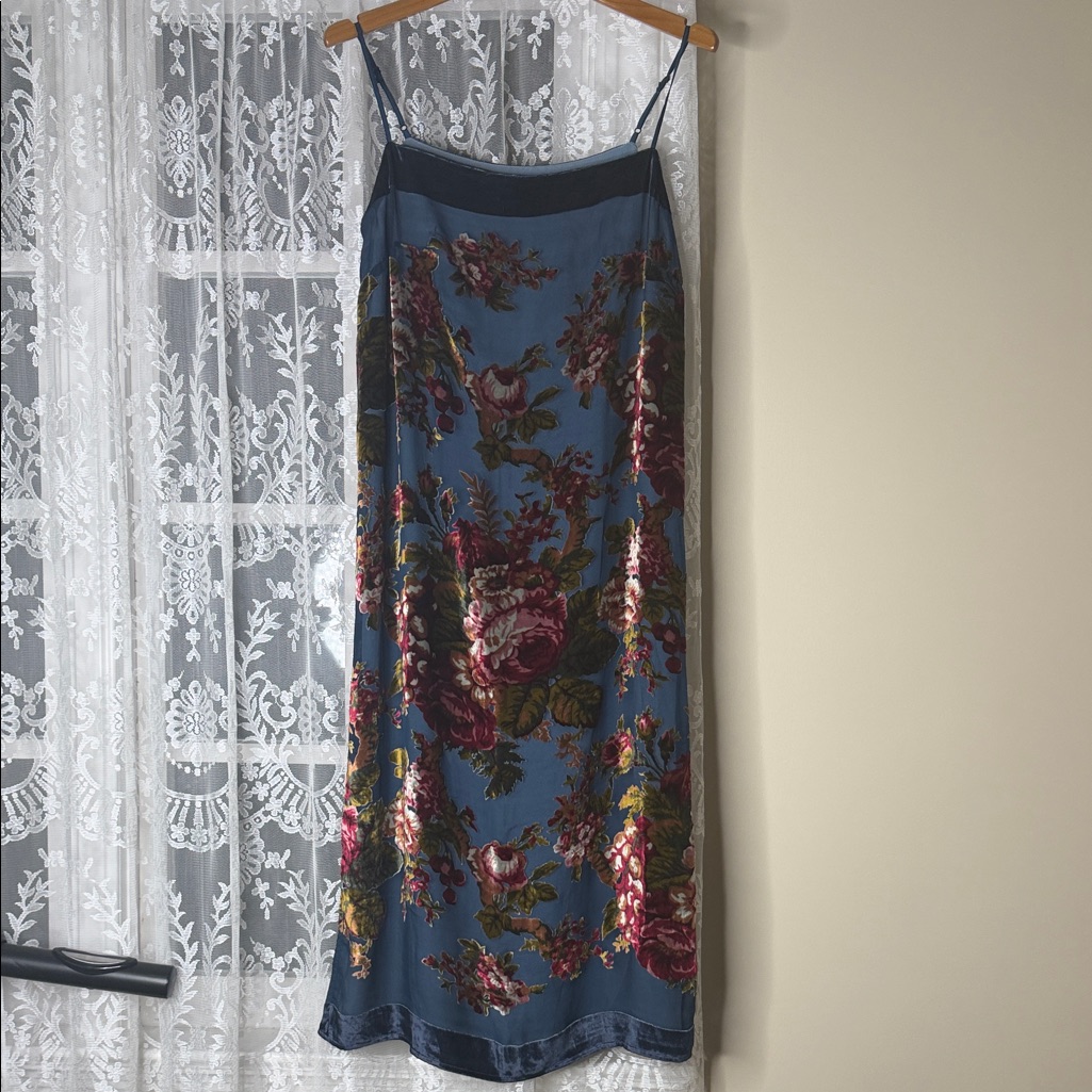 Bhldn Blue Floral Maxi Slip Skirt With Burgundy Roses